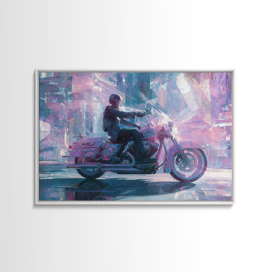 Motorcycle Rider under Holographic Signs Canvas Print, Cyberpunk Art, Room Decor, Living Room Decor, Neon 556, Cyberpunk, CYB-3x2-56