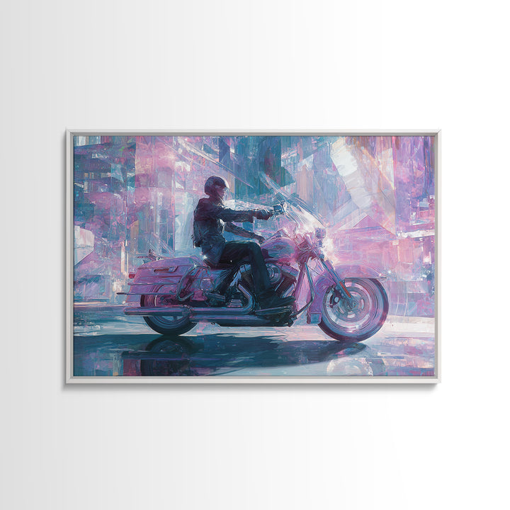 Motorcycle Rider under Holographic Signs Canvas Print, Cyberpunk Art, Room Decor, Living Room Decor, Neon 556, Cyberpunk, CYB-3x2-56