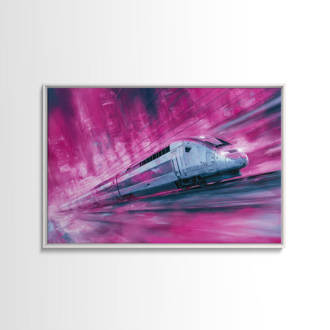 City Train Rushing Through Pink Electric Haze Canvas Print, Cyberpunk Art, Modern Wall Decor, Living Room Decor, Neon, CYB-3x2-65