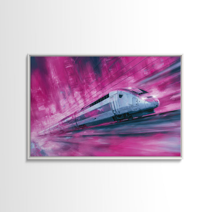 City Train Rushing Through Pink Electric Haze Canvas Print, Cyberpunk Art, Modern Wall Decor, Living Room Decor, Neon, CYB-3x2-65