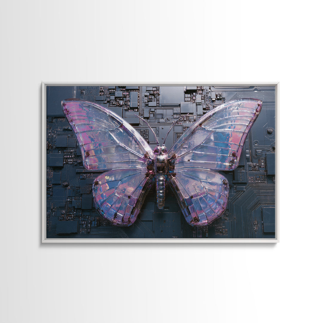 Holographic Butterfly over Black Metal Surface Framed Canvas Print, Cyberpunk Art, Modern Wall Decor, Living Room Decor, Neon, CYB-3x2-71