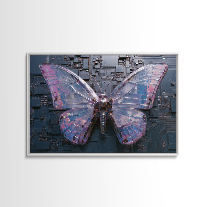 Holographic Butterfly over Black Metal Surface Framed Canvas Print, Cyberpunk Art, Modern Wall Decor, Living Room Decor, Neon, CYB-3x2-71