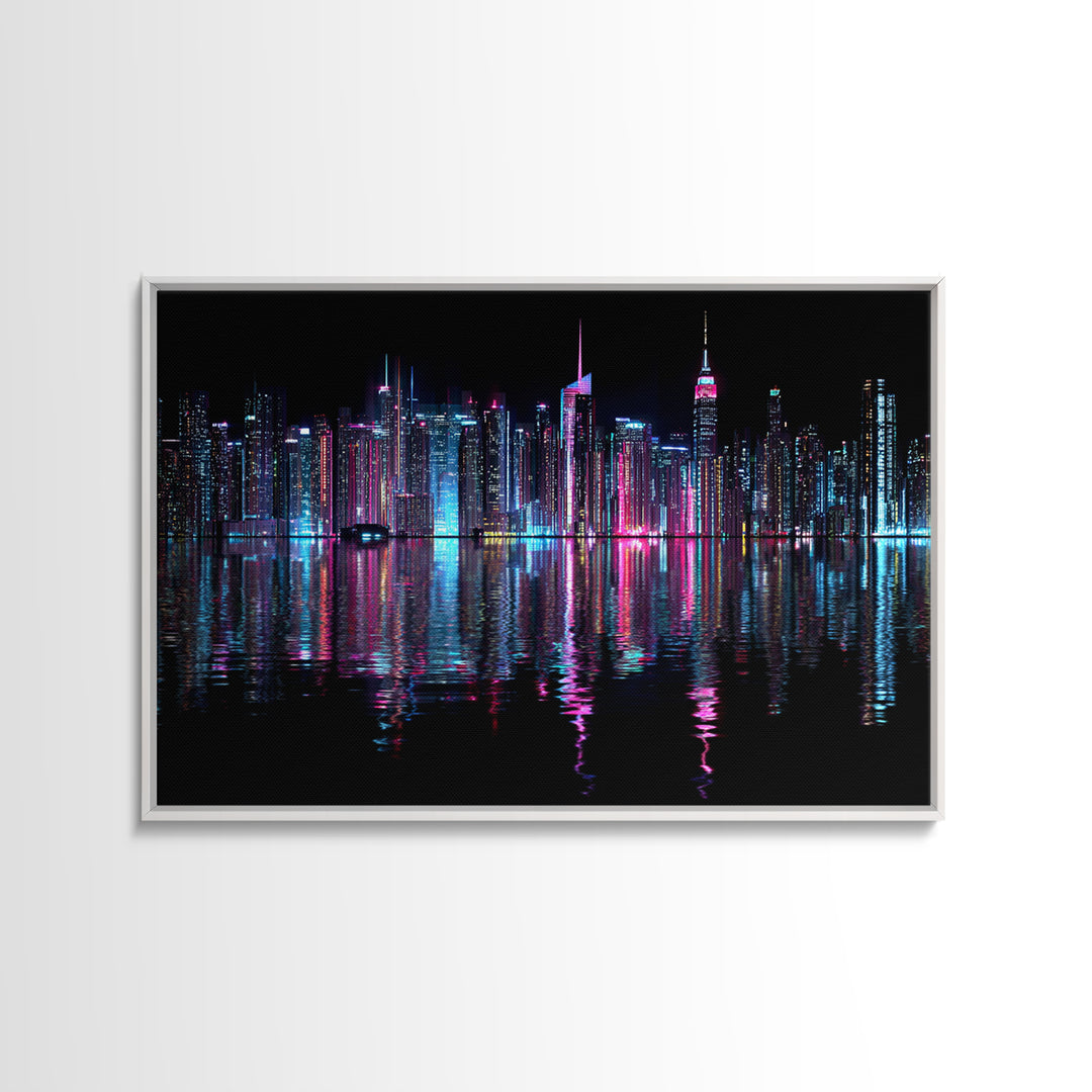 Neon Skyline Reflected Framed Canvas Print, Cyberpunk Art, Man Cave Decor, Living Room Decor, Fine Art, Neon, Fine Art Print, CYB-3x2-74