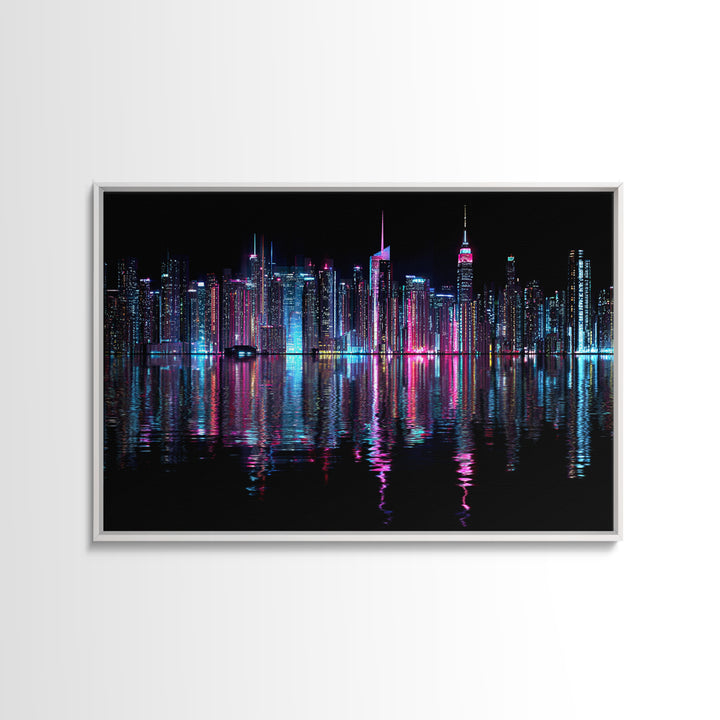 Neon Skyline Reflected Framed Canvas Print, Cyberpunk Art, Man Cave Decor, Living Room Decor, Fine Art, Neon, Fine Art Print, CYB-3x2-74