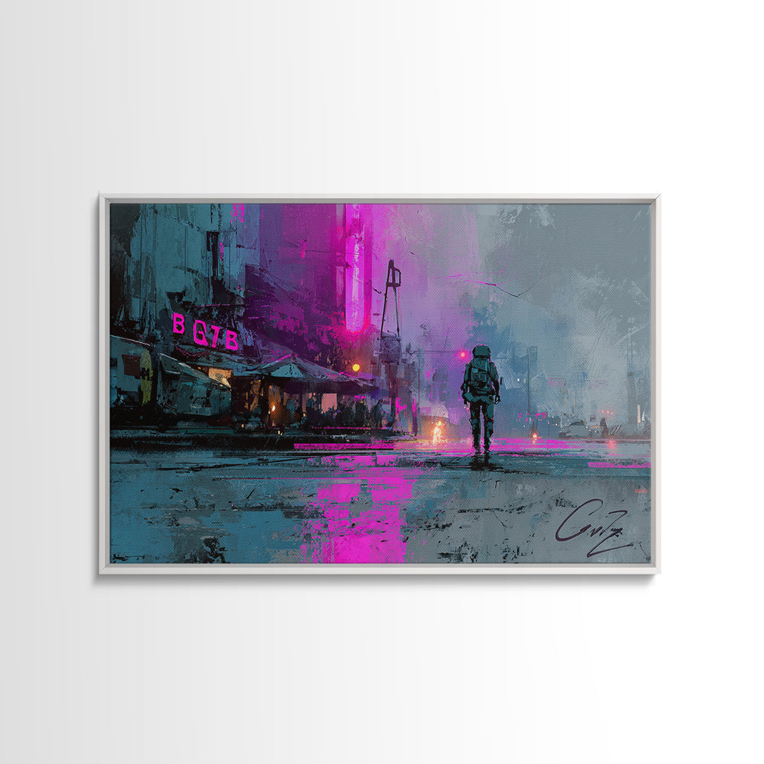 Astronaut Street Wanderer Canvas Print, Cyberpunk Art, Art Print, Living Room Decor, Neon, Blue Wall Art, Cool Wall Art, CYB-3x2-75