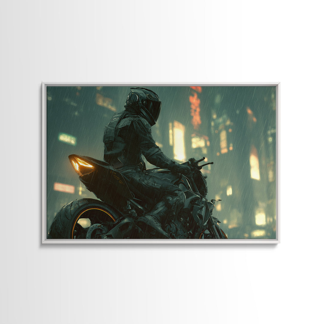 Motorcycle Rider under Holographic Signs Framed Canvas Print, Cyberpunk Art, Home Decor, Living Room Decor, Fine Art, Neon, CYB-3x2-80