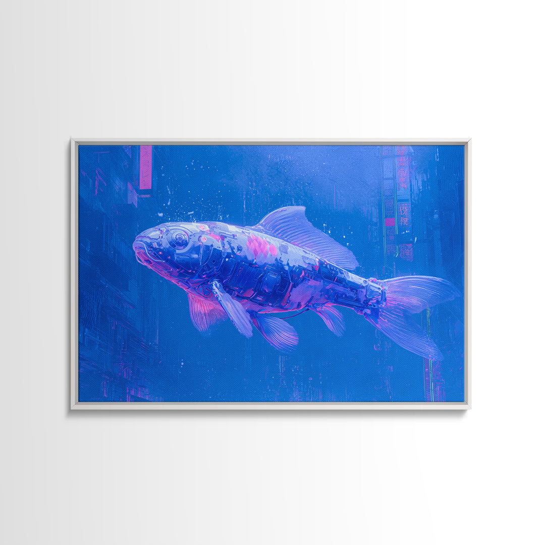 Cyberpunk Koi Swimming Through Electric Blue Water Framed Canvas Print, Cyberpunk Art, Fine Art Print, Living Room Decor, Neon, CYB-3x2-81