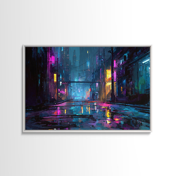Rain Soaked Alley Canvas Print, Cyberpunk Art, Poster, Living Room Decor, Fine Art, Neon, Modern Wall Art, Japanese Art, CYB-3x2-84