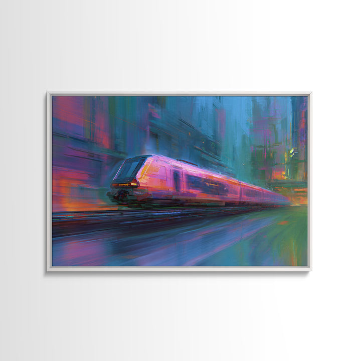 City Train Rushing Through Pink Electric Haze Canvas Print, Cyberpunk Art, Boho Decor, Living Room Decor, Oil Painting, Neon, CYB-3x2-89
