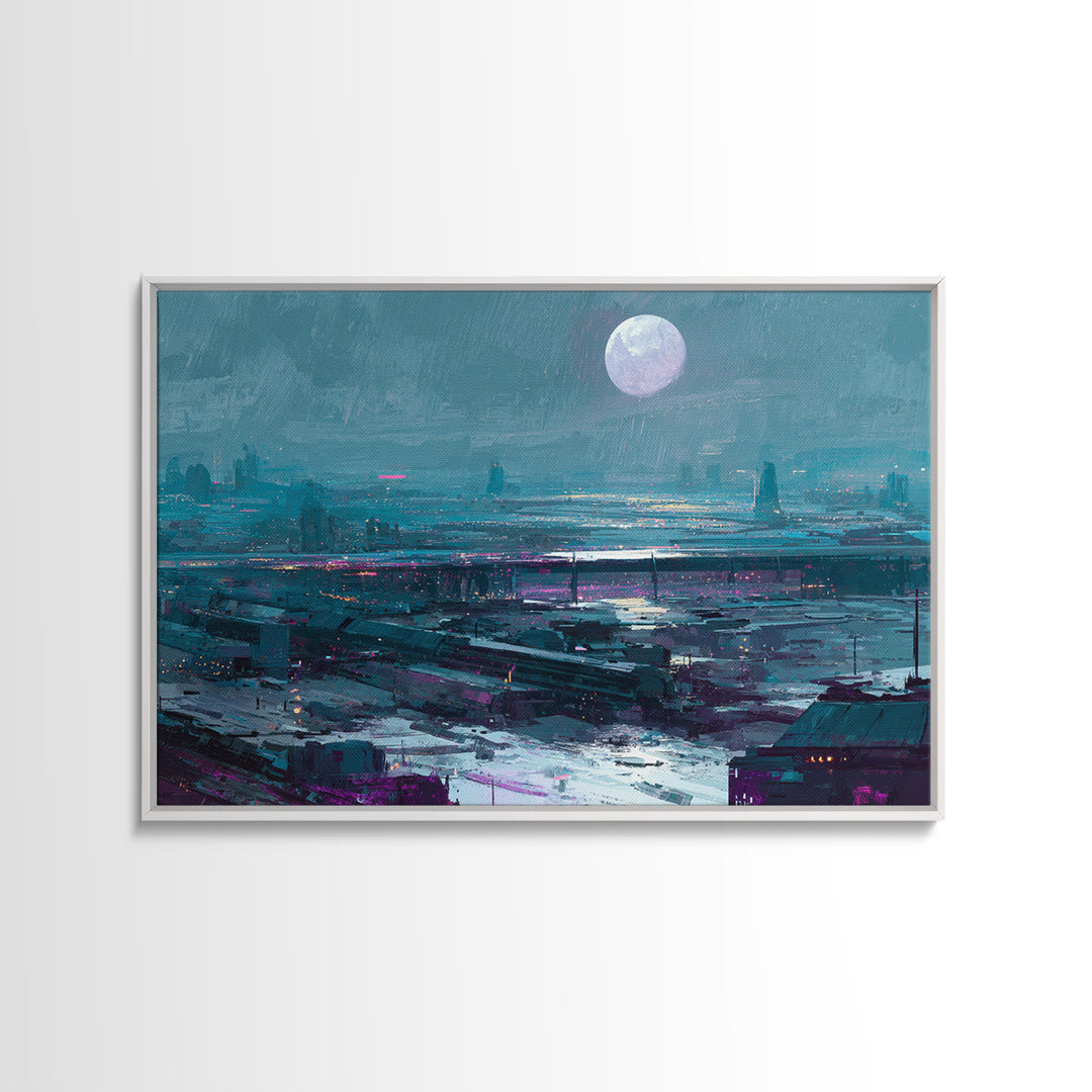 Dystopian Moon over Dense Rooftops Canvas Print, Cyberpunk Art, Cyberpunk Helmet, Living Room Decor, Abstract Art, Neon, CYB-3x2-94