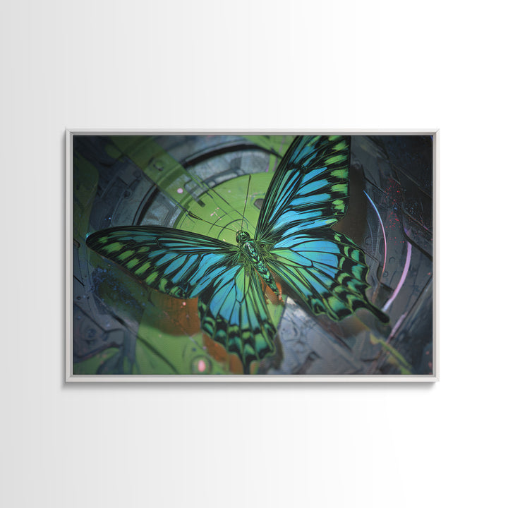 Holographic Butterfly over Black Metal Surface Framed Canvas Print, Cyberpunk Art, Gothic Decor, Living Room Decor, CYB-3x2-95