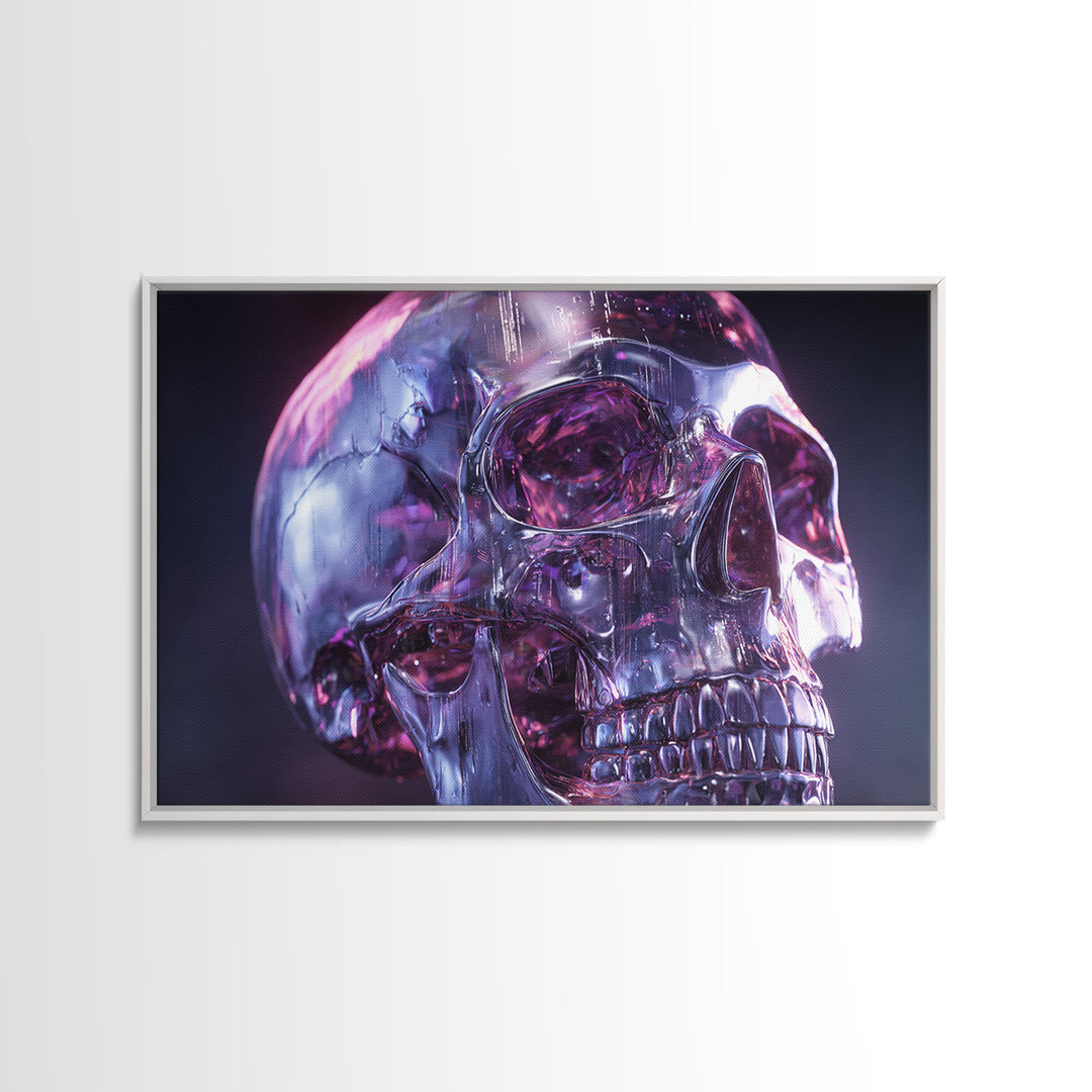 Cyberpunk Skull with Chrome and Violet Light Framed Canvas Print, Cyberpunk Art, Art Print, Living Room Decor, Fine Art, Neon, CYB-3x2-96