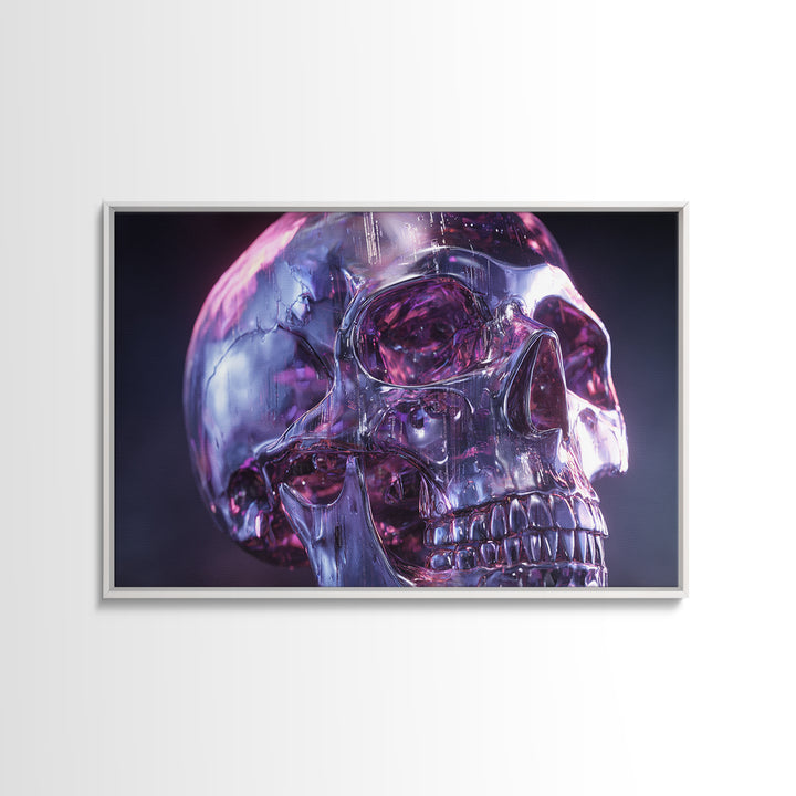 Cyberpunk Skull with Chrome and Violet Light Framed Canvas Print, Cyberpunk Art, Art Print, Living Room Decor, Fine Art, Neon, CYB-3x2-96