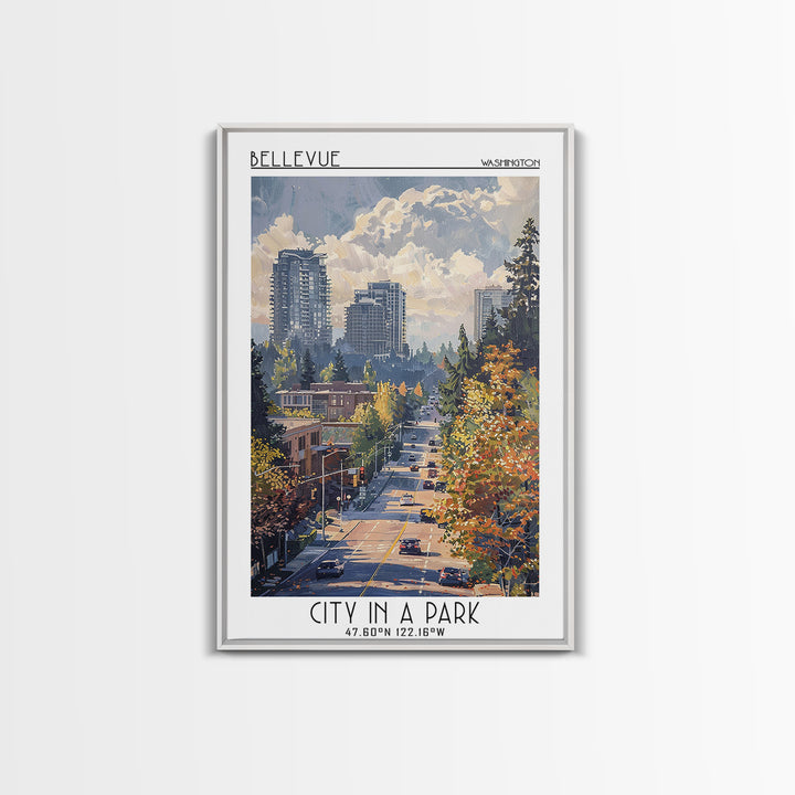 Bellevue Travel Poster, Framed Canvas Print, City Art Print, Travel Wall Art, Vintage Travel, Travel Art Print, Mid Century Wall Art