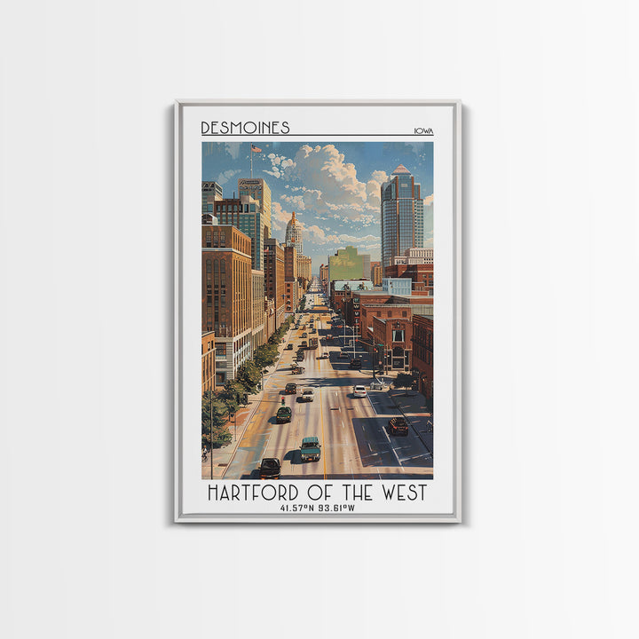 Des Moines Travel Poster, Framed Canvas Print, Travel Wall Decor, Minimalist Poster, Landscape Art, City Illustration, Travel Prints