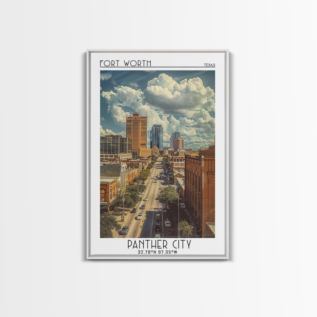 Fort Worth Travel Poster, Framed Canvas Print, Travel Wall Art, City Wall Art, Colorful Wall Art, City Illustration, Wanderlust Gift