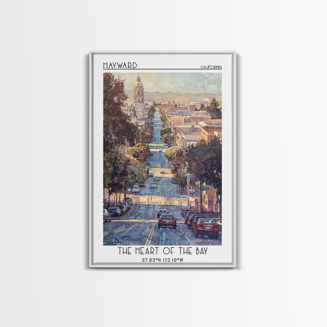 Hayward Travel Poster, Framed Canvas Print, City Travel Poster, Travel Wall Art, Retro Wall Art, Watercolor Cityscape, City Wall Art