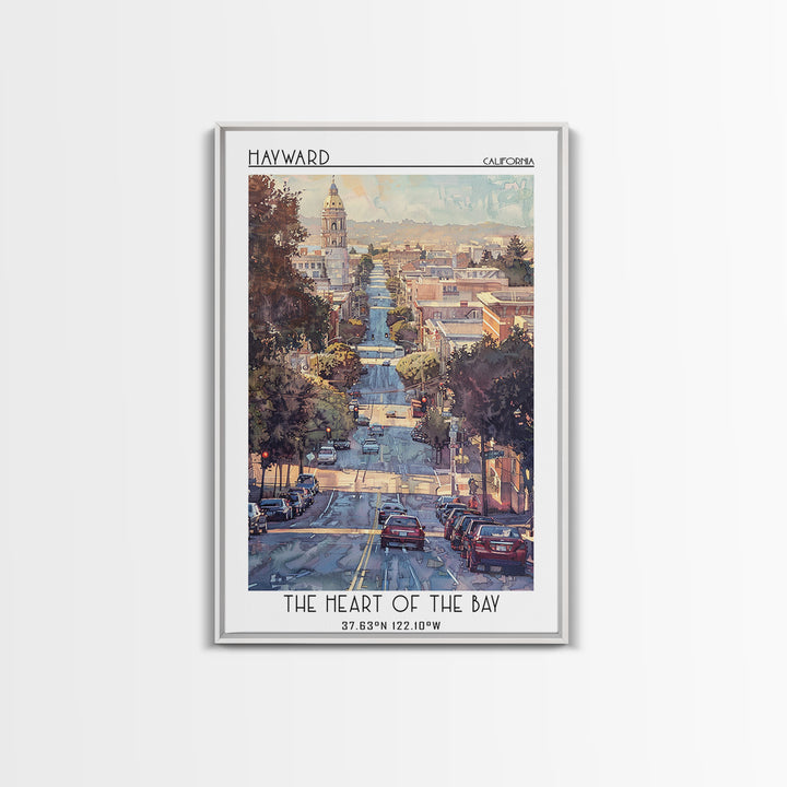 Hayward Travel Poster, Framed Canvas Print, City Travel Poster, Travel Wall Art, Retro Wall Art, Watercolor Cityscape, City Wall Art