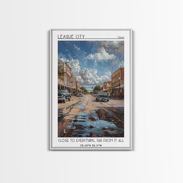 League City Travel Poster, Framed Canvas Print, Travel Art Print, Modern Wall Decor, Home Decor, Mid Century Wall Art, Landscape Art