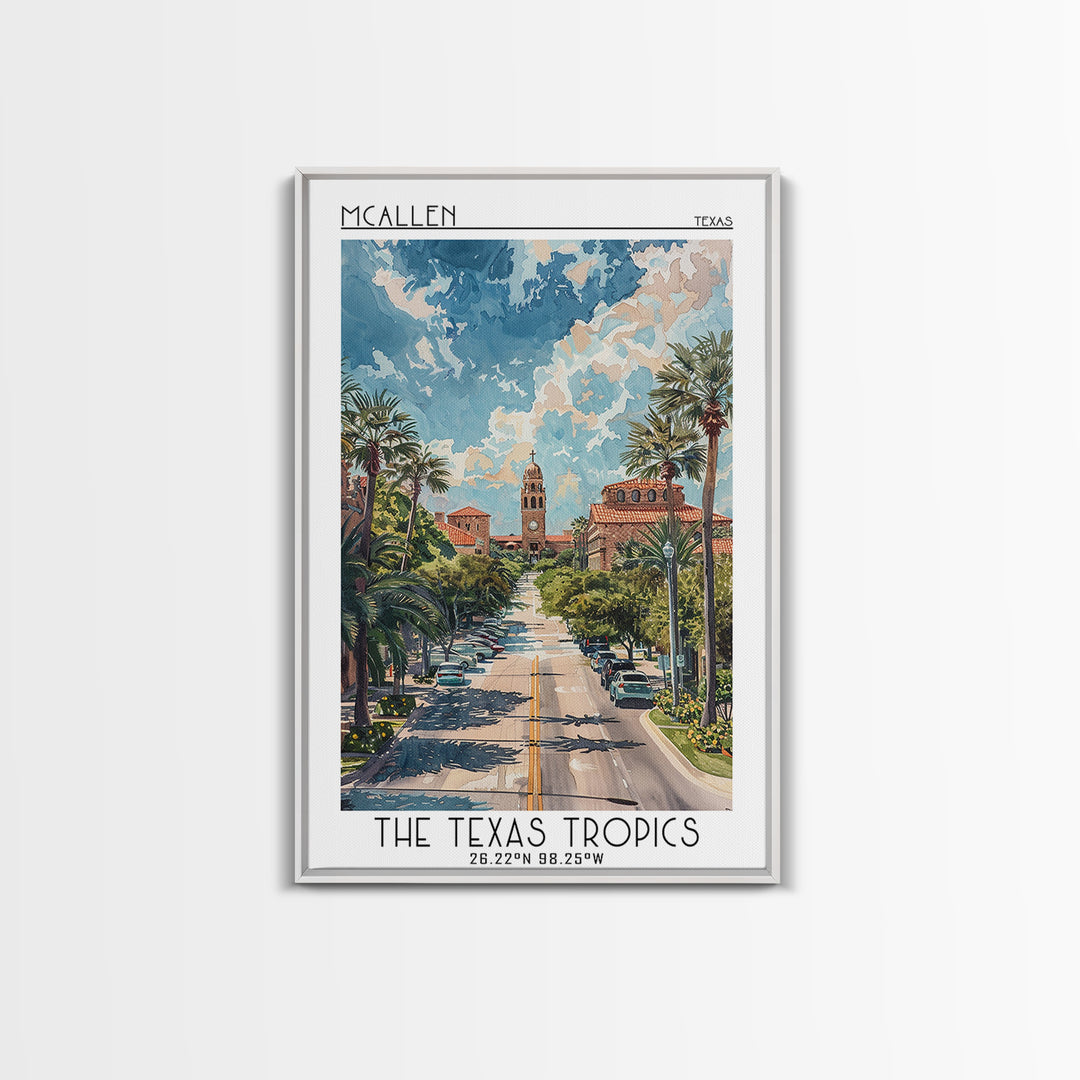 McAllen Travel Poster, Framed Canvas Print, Retro Travel Poster, City Wall Art, Modern Wall Decor, Retro Wall Art, Colorful Wall Art