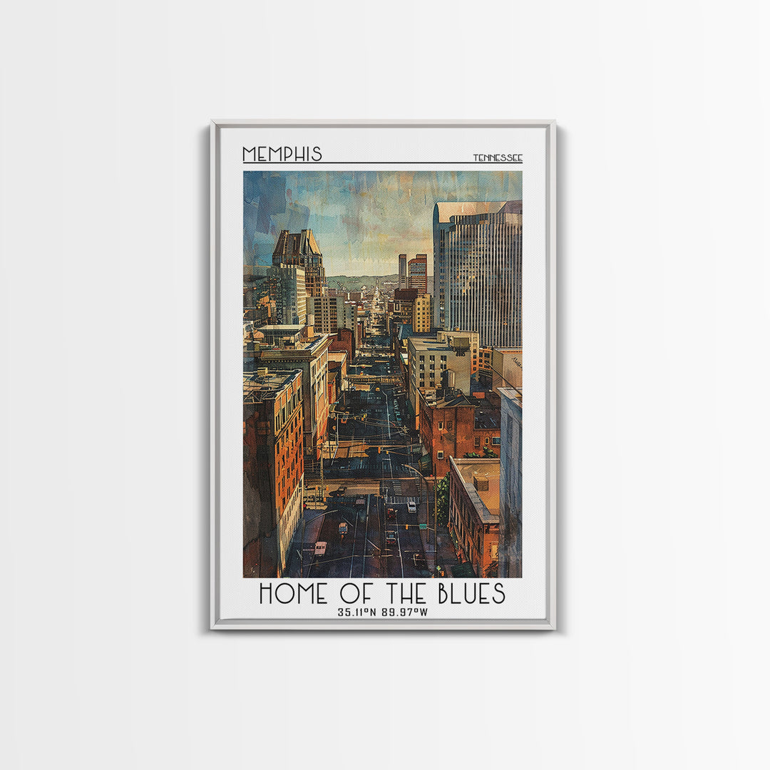 Memphis Travel Poster, Framed Canvas Print, City Art Print, Travel Wall Art, Travel Print, Watercolor Cityscape, Retro Travel Poster
