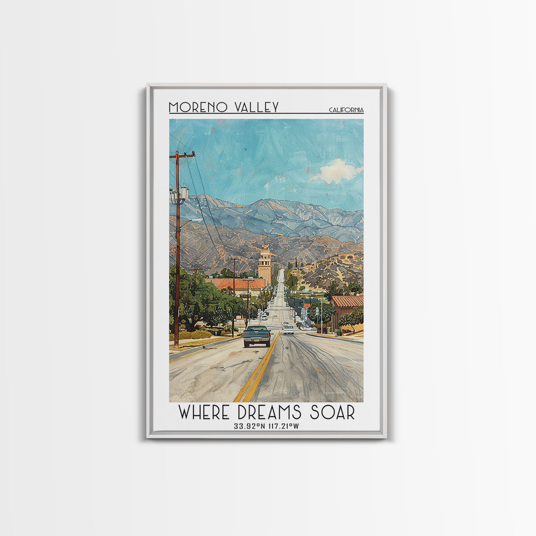 Moreno Valley Travel Poster, Framed Canvas Print, City Art Print, Travel Wall Art, Wall Art, City Travel Poster, Retro Travel Poster