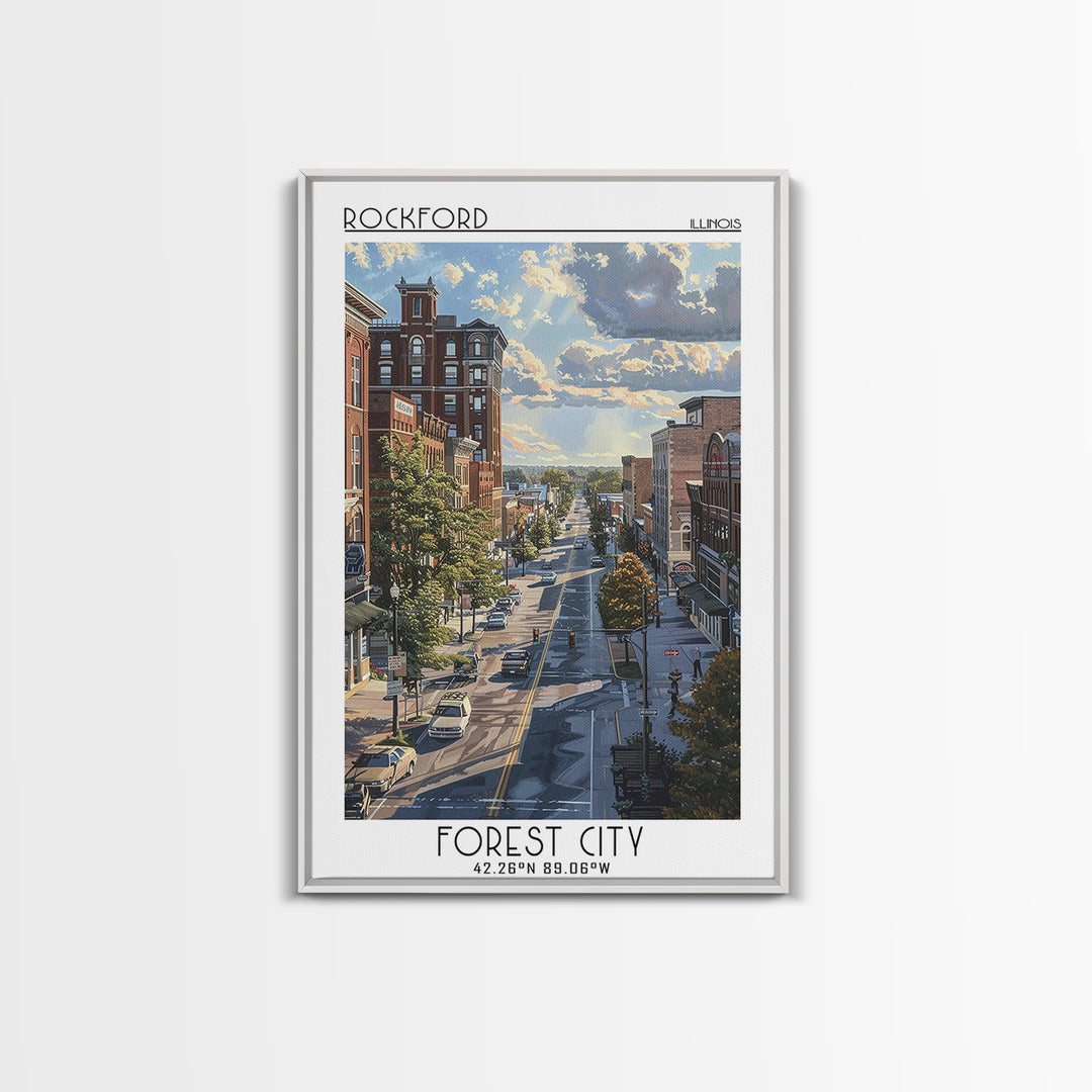Rockford Travel Poster, Framed Canvas Print, Travel Wall Decor, Minimalist Poster, Travel Wall Art, Travel Prints, City Illustration