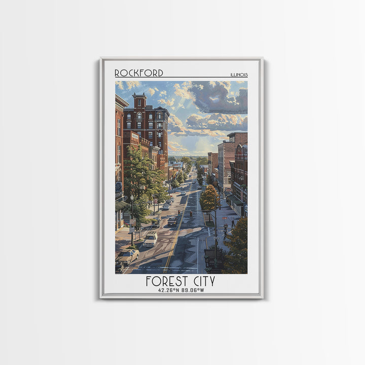 Rockford Travel Poster, Framed Canvas Print, Travel Wall Decor, Minimalist Poster, Travel Wall Art, Travel Prints, City Illustration