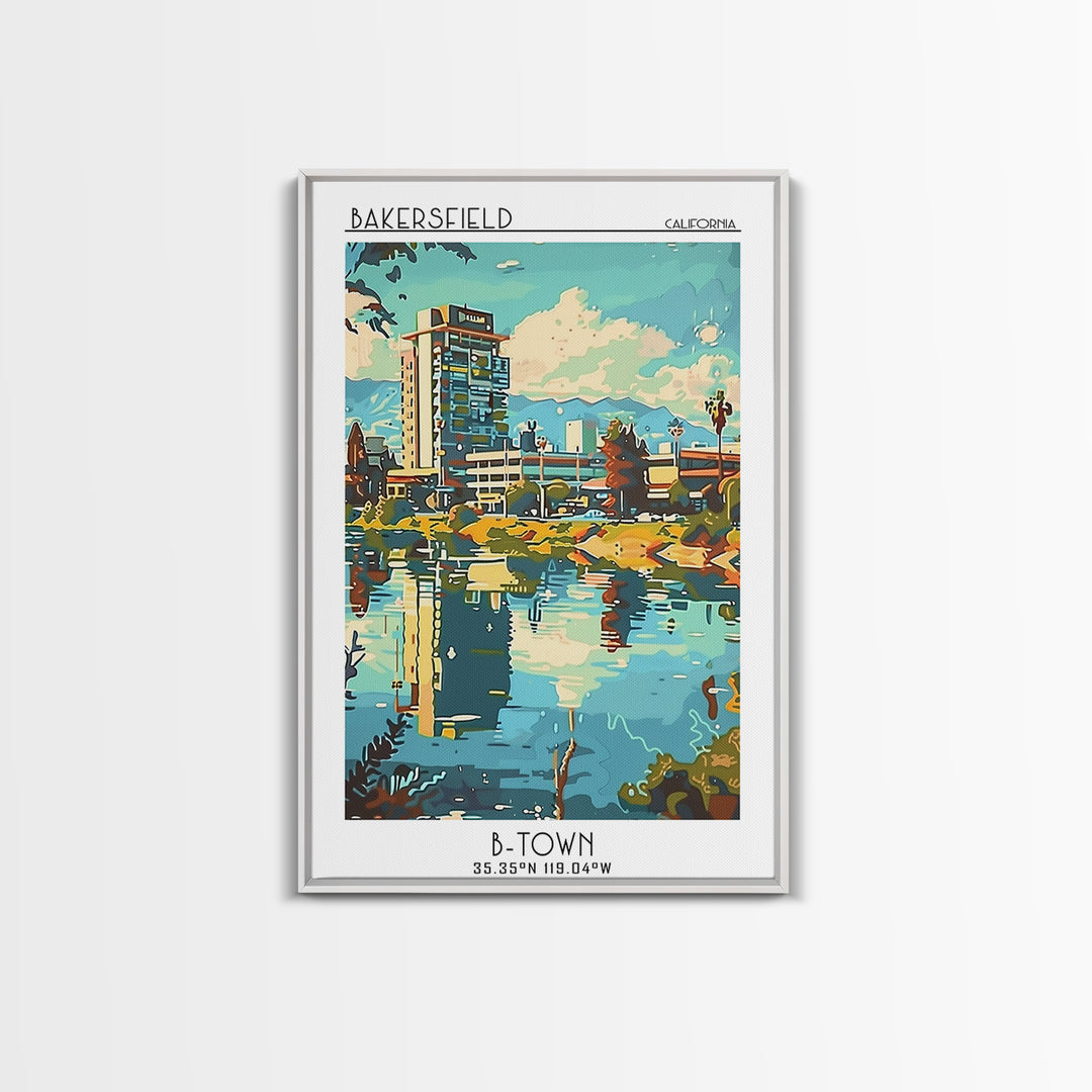 Bakersfield Travel Poster, Framed Canvas Print, Travel Prints, Landscape Art, Retro Wall Art, Vintage Travel Art, City Travel Poster