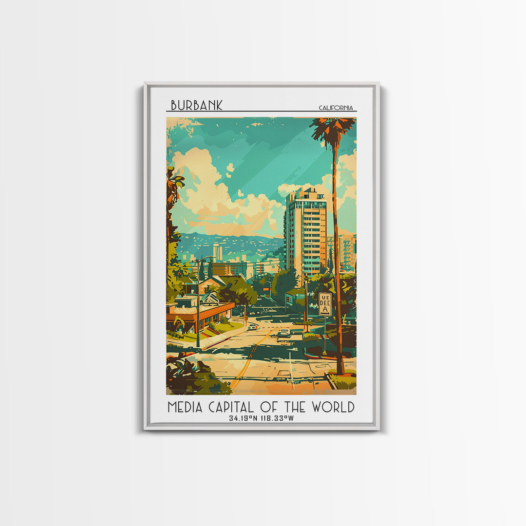 Burbank California Travel Poster, Canvas Print, City Travel Poster, Vintage City Poster, City Illustration, Art Print, City Wall Art