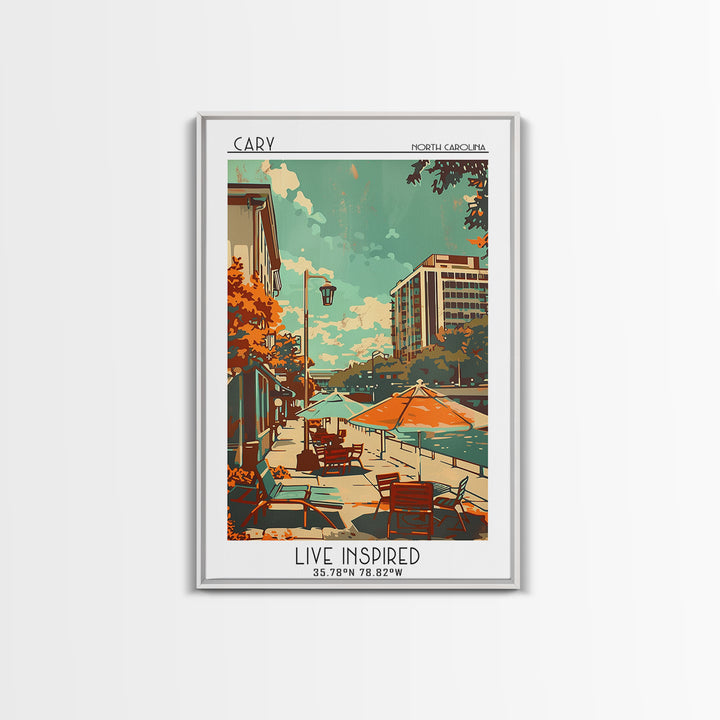 Cary North Carolina Travel Poster, Framed Canvas Print, Retro Wall Art, Travel Print, Art Print, Home Office Decor, Travel Art Print
