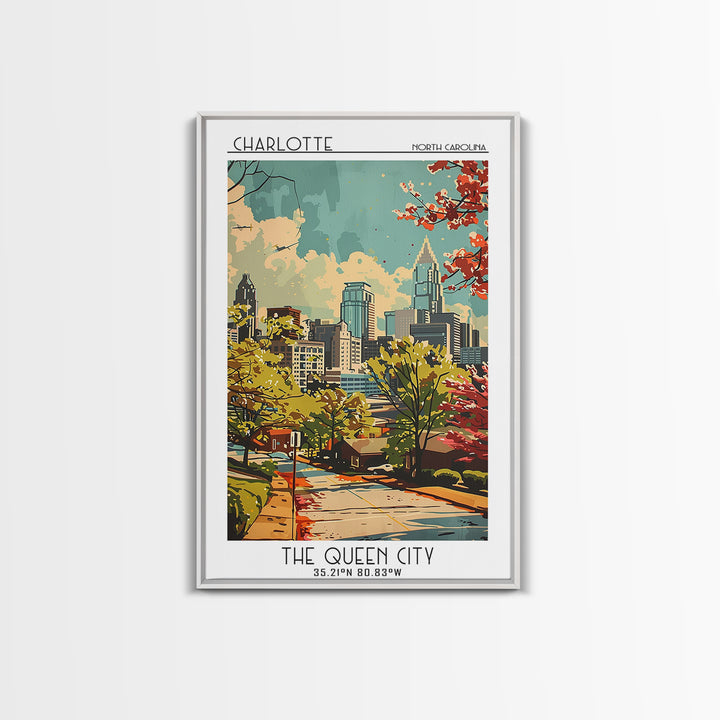 Charlotte North Carolina Travel Poster, Framed Canvas Print, Retro Wall Art, Travel Print, Fine Art Print, Wall Art, Travel Wall Art