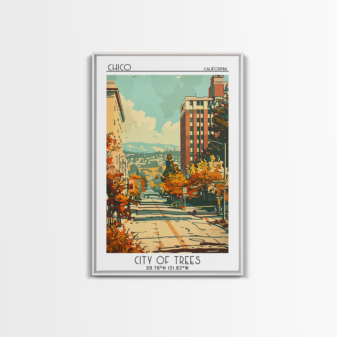 Chico California Travel Poster, Framed Canvas Print, Travel Art Print, Modern Wall Decor, Poster Art, Retro Wall Art, Travel Posters