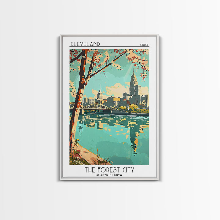 Cleveland Travel Poster, Framed Canvas Print, Travel Wall Decor, Minimalist Poster, Retro Wall Art, Travel Decor, Retro Travel Print