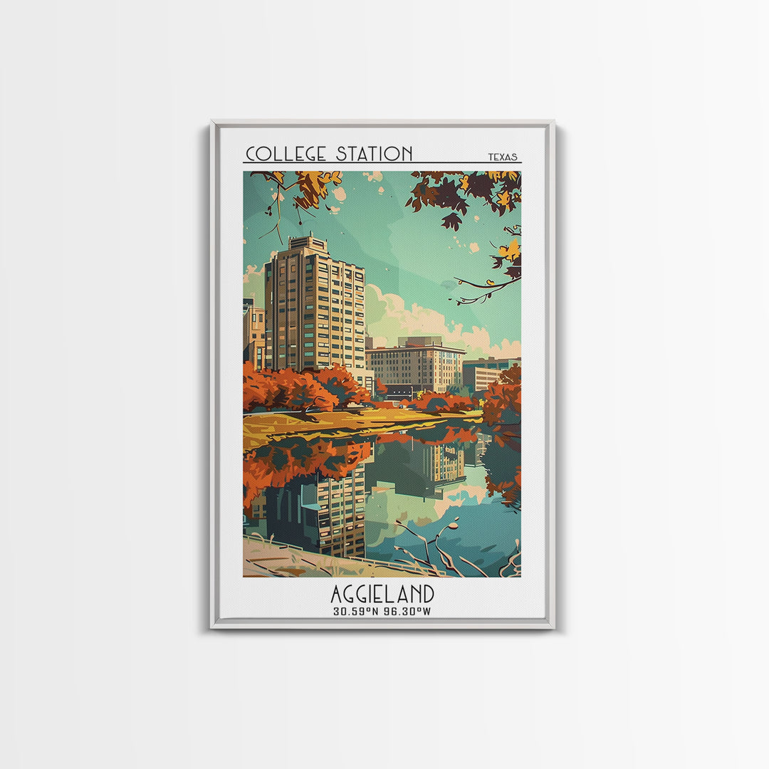 College Station Texas Travel Poster, Framed Canvas Print, Travel Prints, Landscape Art, Poster Art, Wanderlust Gift, Vintage Posters
