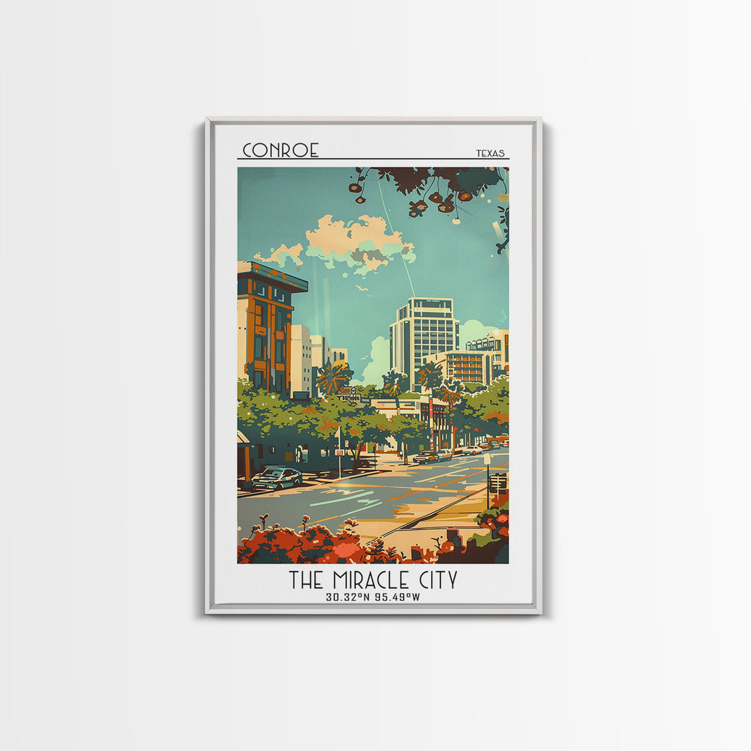 Conroe Travel Poster, Canvas Print, Travel Wall Art, City Wall Art, Fine Art Print, Colorful Wall Art, Wall Art, Retro Travel Poster
