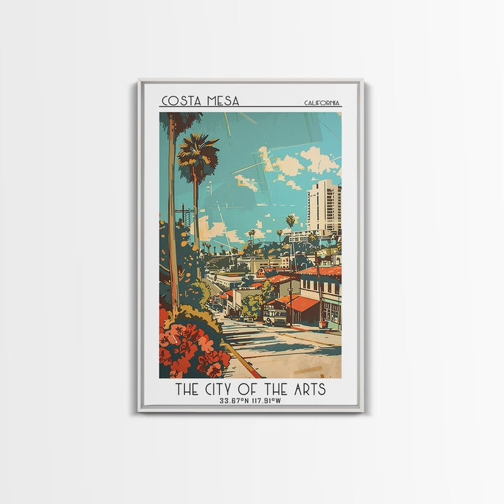 Costa Mesa California Travel Poster, Framed Canvas Print, Travel Prints, Landscape Art, Retro Wall Art, Art Print, City Illustration
