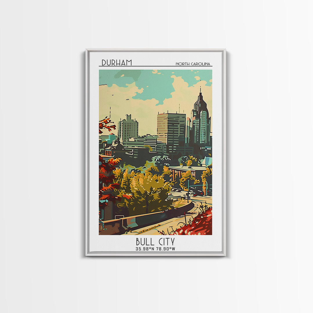Durham Travel Poster, Framed Canvas Print, Travel Wall Art, City Wall Art, Watercolor Cityscape, Modern Wall Decor, Gallery Wall Set