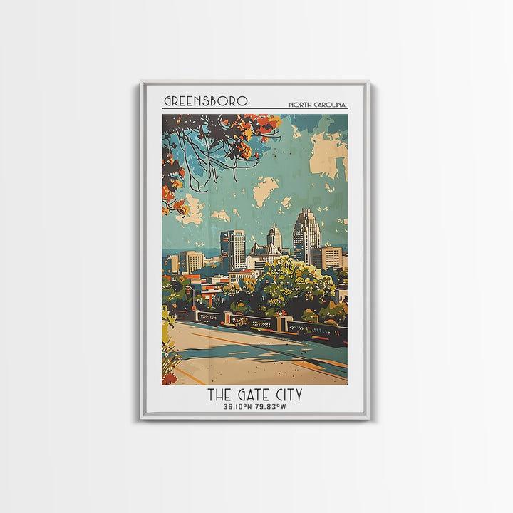 Greensboro Travel Poster, Framed Canvas Print, Retro Wall Art, Travel Print, Living Room Wall Art, Minimalist Poster, Fine Art Print