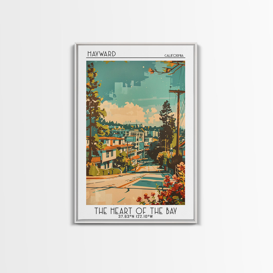 Hayward Travel Poster, Framed Canvas Print, Retro Travel Poster, City Wall Art, Landscape Art, Vintage Travel Art, City Illustration