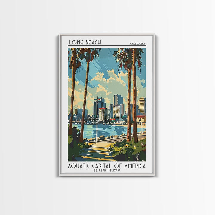 Long Beach Travel Poster, Framed Canvas Print, Travel Wall Art, City Wall Art, Vintage Travel, Living Room Wall Art, Wanderlust Gift
