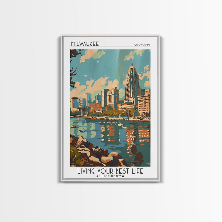 Milwaukee Wisconsin Travel Poster, Framed Canvas Print, Retro Wall Art, Travel Print, Mid Century Wall Art, Poster Art, Poster Print