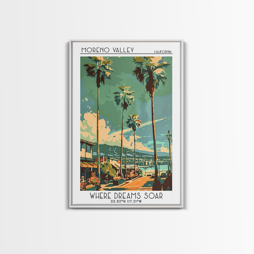 Moreno Valley California Travel Poster, Framed Canvas Print, Travel Wall Art, City Wall Art, Living Room Wall Art, City Illustration