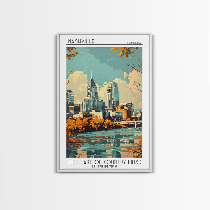 Nashville Travel Poster, Framed Canvas Print, Retro Wall Art, Travel Print, Travel Wall Art, Living Room Wall Art, Colorful Wall Art