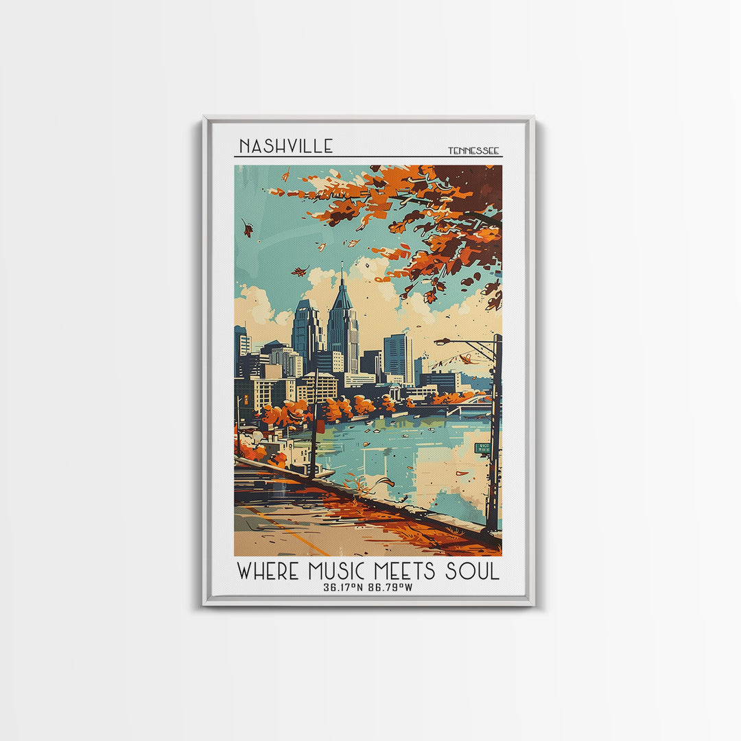 Nashville Tennessee Travel Poster, Framed Canvas Print, Travel Prints, Landscape Art, Poster Print, Mid Century Wall Art, Poster Art