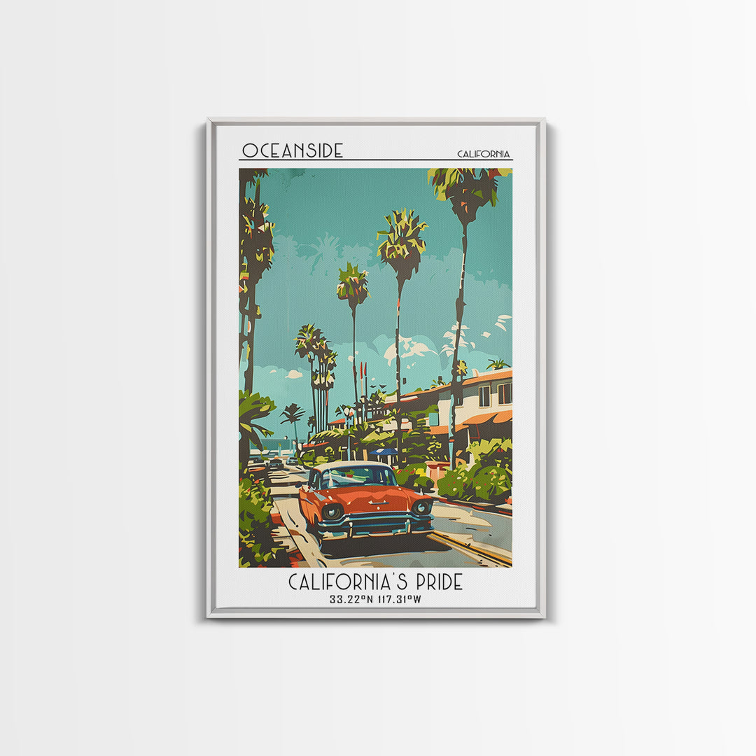 Oceanside Travel Poster, Framed Canvas Print, Travel Prints, Landscape Art, Wanderlust Gift, Mid Century Wall Art, Minimalist Poster