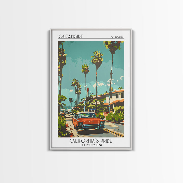 Oceanside Travel Poster, Framed Canvas Print, Travel Prints, Landscape Art, Wanderlust Gift, Mid Century Wall Art, Minimalist Poster
