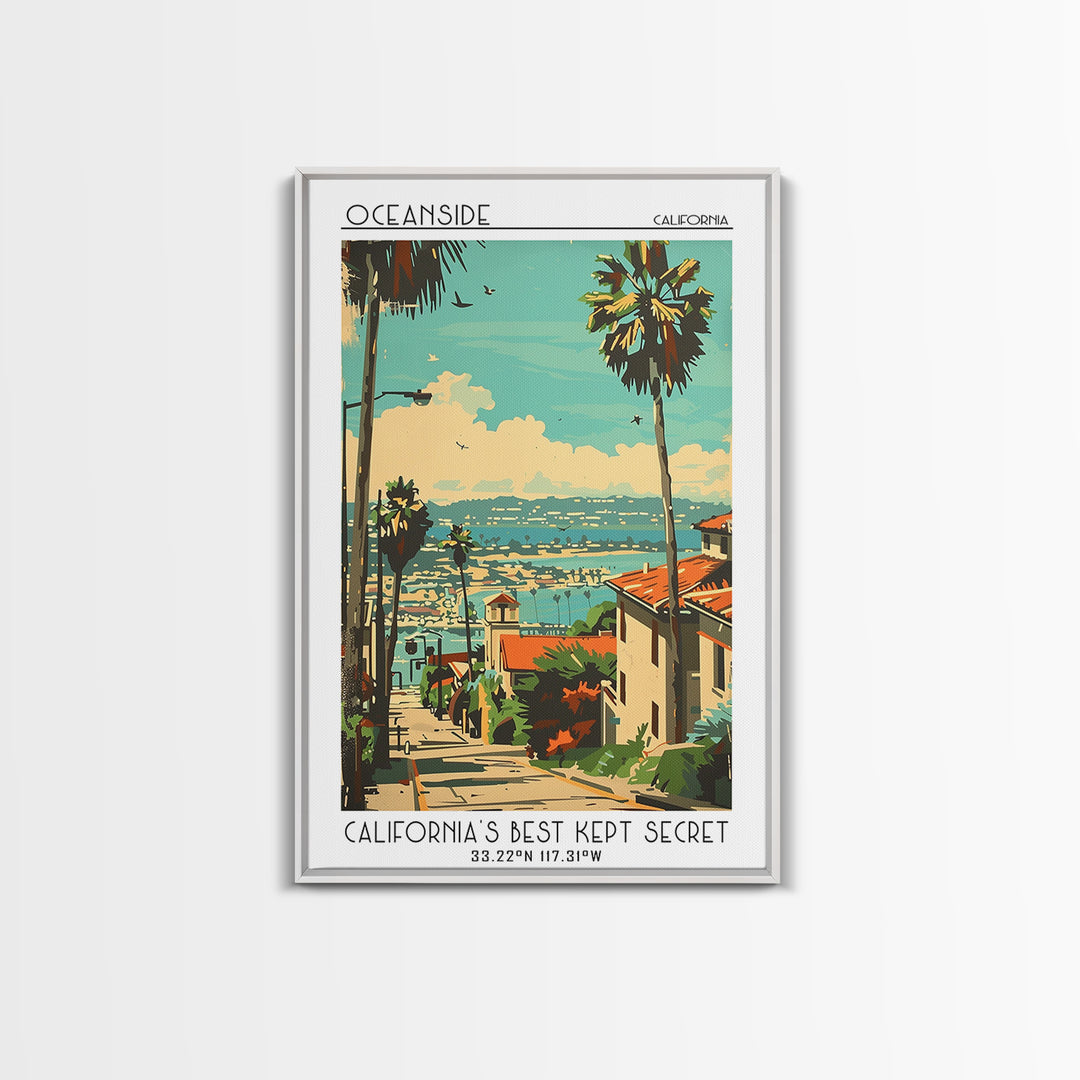 Oceanside California Travel Poster, Framed Canvas Print, Retro Travel Poster, City Wall Art, Home Decor, Landscape Art, Travel Decor