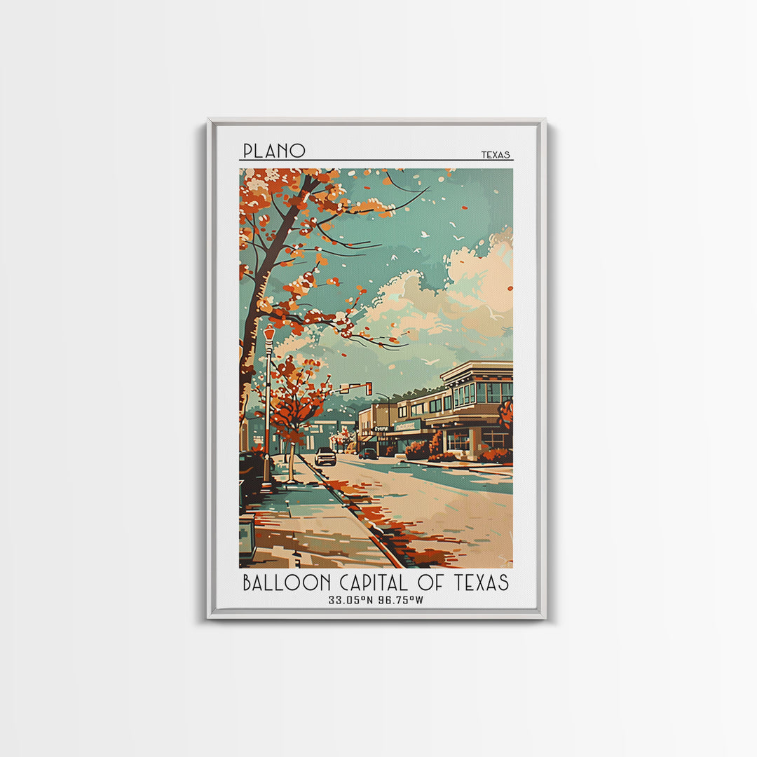 Plano Texas Travel Poster, Framed Canvas Print, Travel Prints, Landscape Art, Retro Travel Poster, Vintage Travel, City Illustration