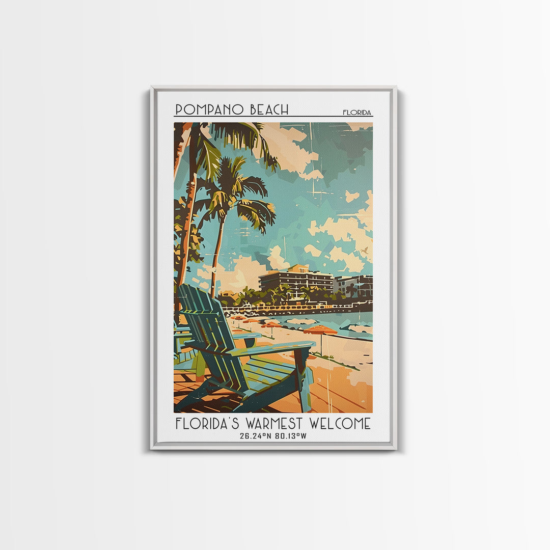 Pompano Beach Travel Poster, Framed Canvas Print, Retro Wall Art, Travel Print, City Illustration, Minimalist Poster, Vintage Travel